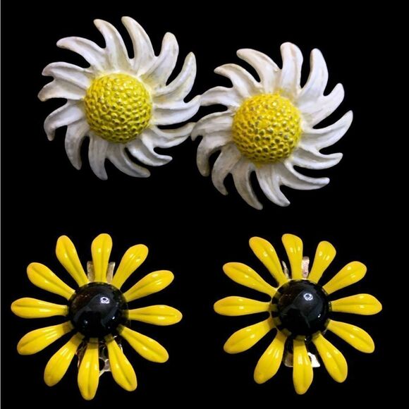 2 pair lot floral clip earrings White daisy -yellow black eye Susan earrings - Picture 9 of 15